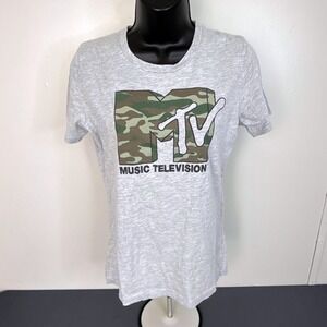 MTV T-Shirt Womens Large Music Television Camo Logo Heather Gray Graphic Tee